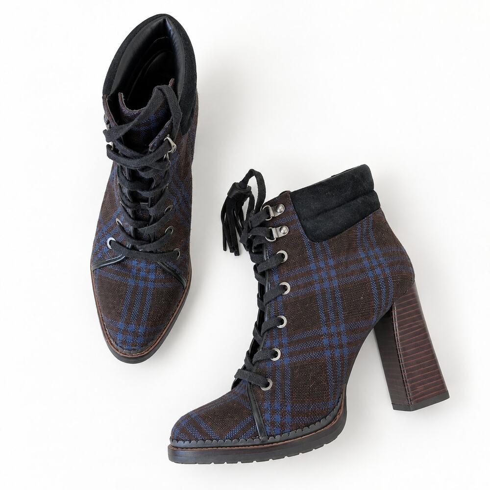 Sam Edelman Blue Brown Plaid Lace-Up Ankle Boots Block Heel 8.5